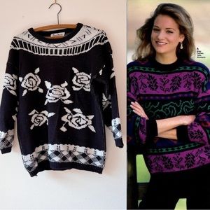 Vintage 80s/90s black and white floral 3/4 sleeve‎ sweater M